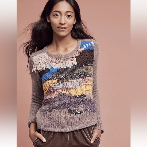 Anthropologie Sweaters - Anthropologie Hand Knit by Dollie S Fringed Collage Wool Blend Colorful Sweater